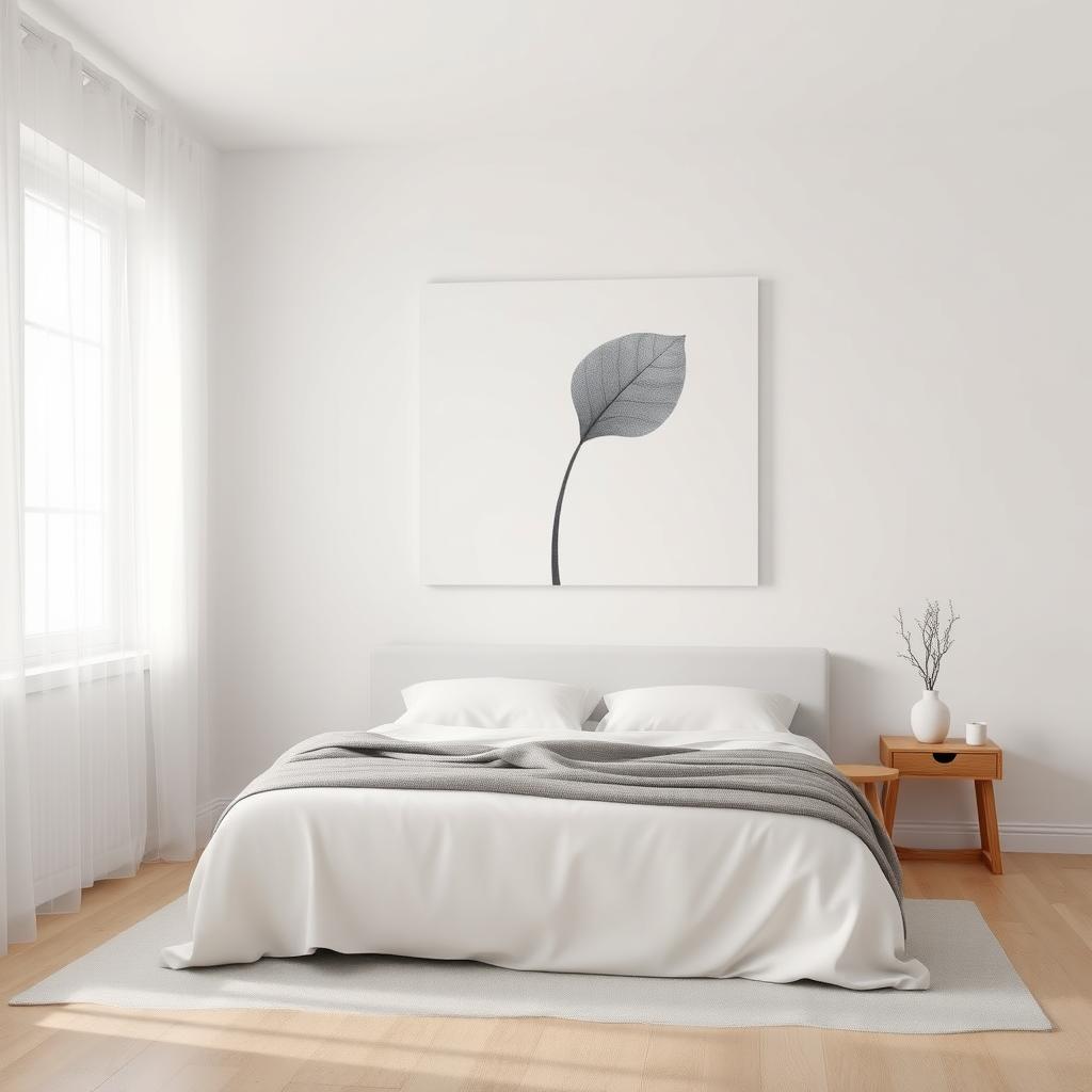 Minimalistisches Schlafzimmer mit einem großen Leinwandbild an der Wand, das eine weiche Graustufen-Illustration eines Blattes zeigt, einem weißen Bett und einem kleinen Holznachttisch.