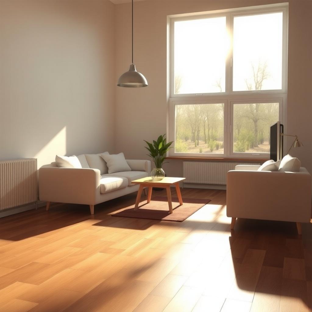 Gemütliches Wohnzimmer mit warmer LED-Beleuchtung, minimalistischem Design und großen Fenstern.