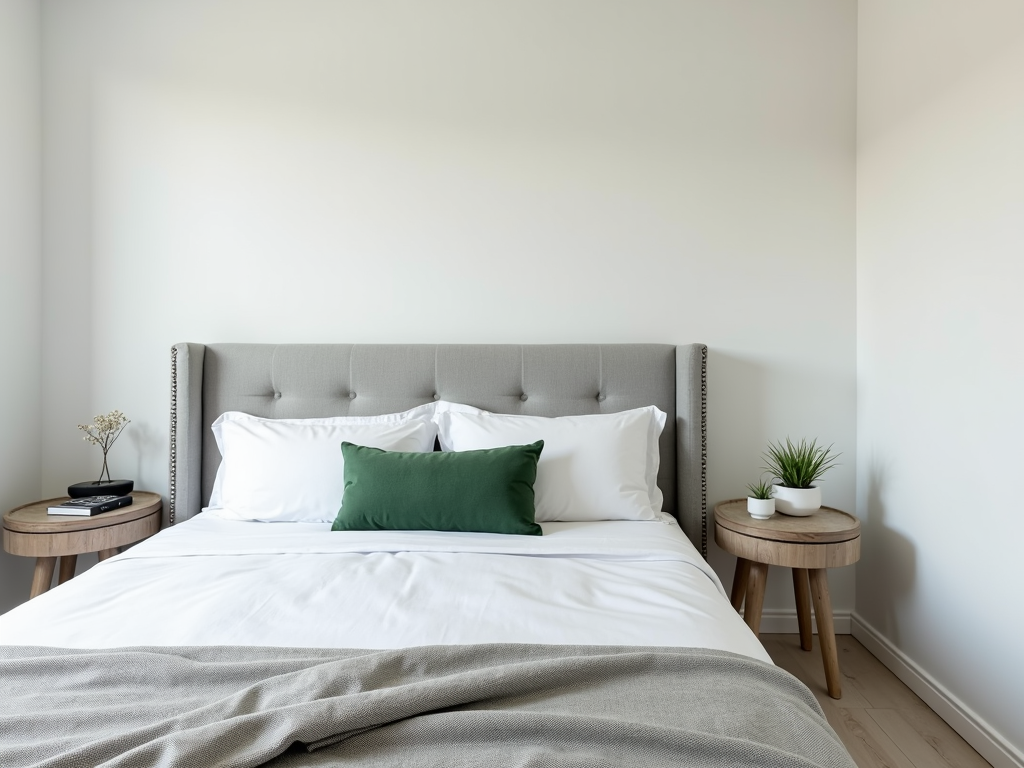 Ein minimalistisches Schlafzimmer in Weiß und Grau mit einem grünen Akzentkissen, das ruhig und stimmig wirkt.