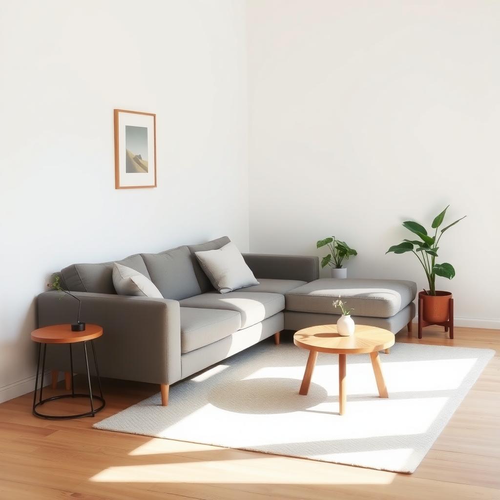 Ein minimalistisches Wohnzimmer mit einem gemütlichen Sofa, einem kleinen Holztisch und einer Topfpflanze in einer sonnigen Ecke.