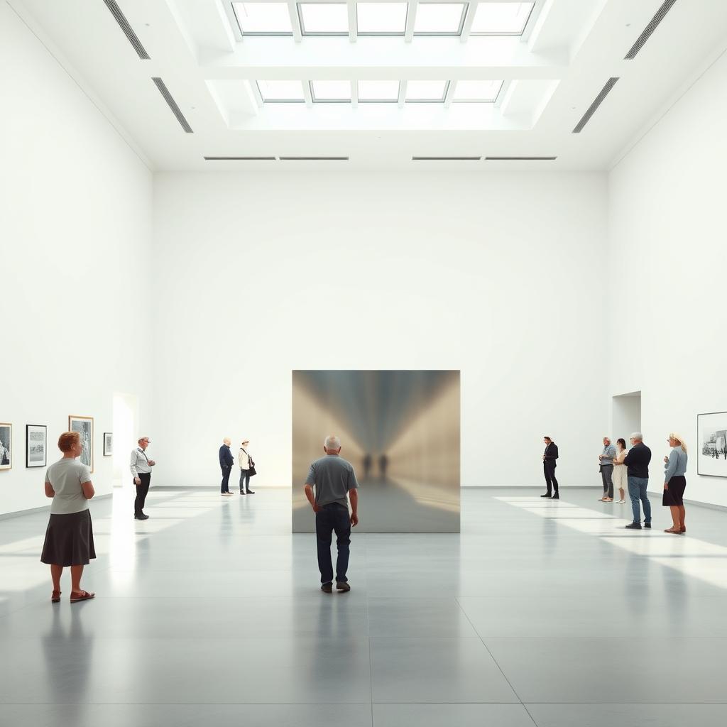 Minimalistische Kunstgalerie mit einer Donald Judd Skulptur aus Aluminiumwürfeln, beleuchtet durch natürliches Licht.
