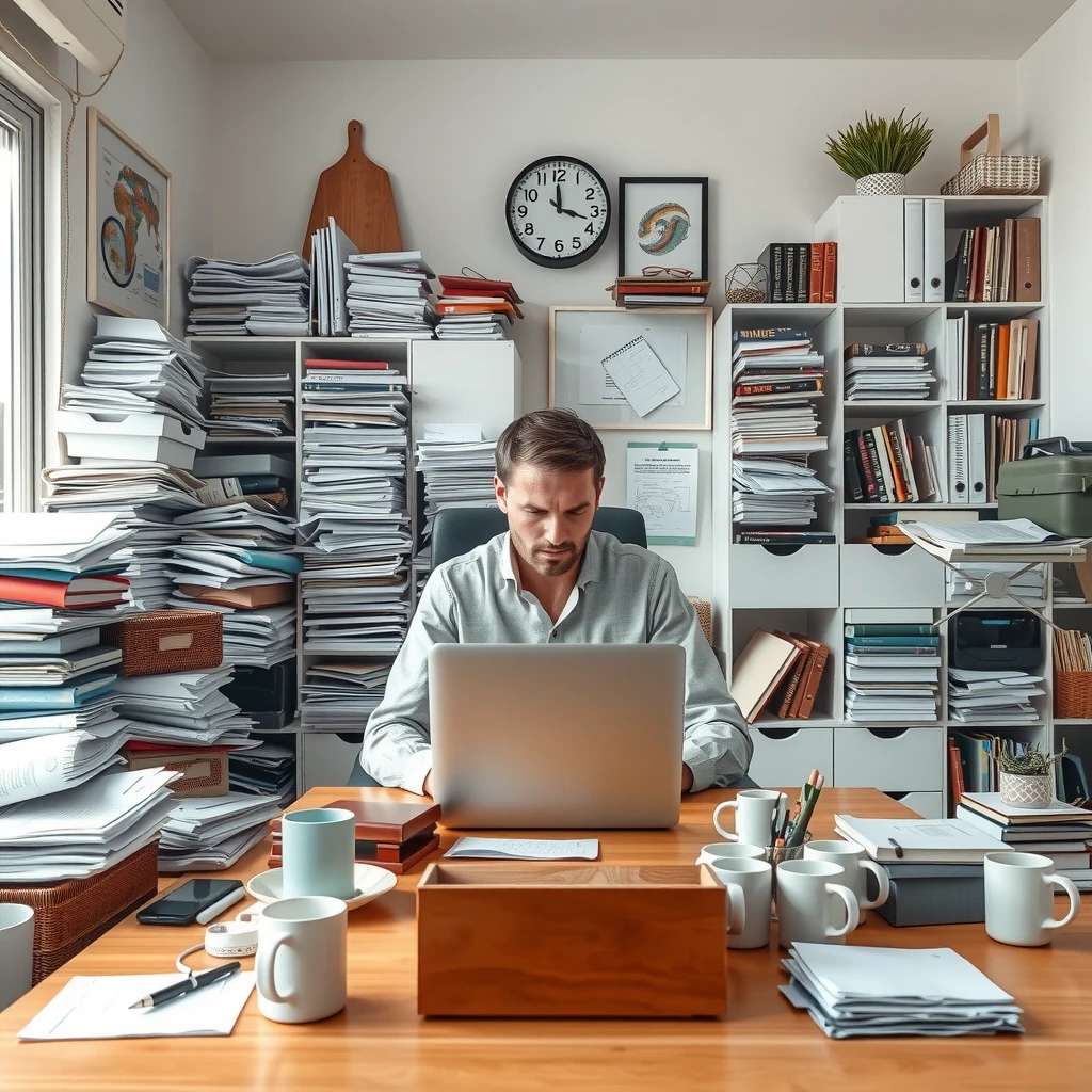 Eine gestresste Person in einem chaotischen Home-Office im Vergleich zu entspannt und konzentriert in einem aufgeräumten, minimalistischen Raum