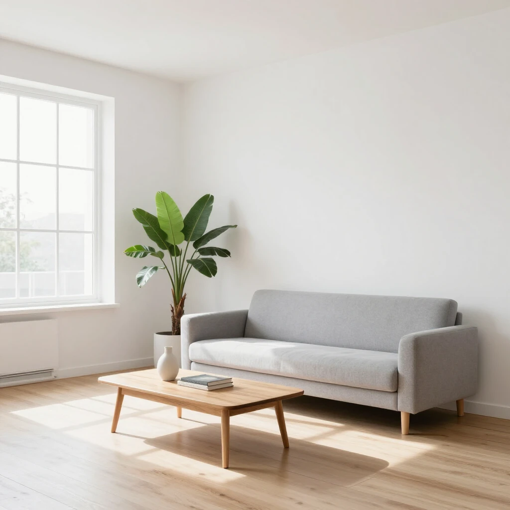 Helles, minimalistisches Wohnzimmer mit wenigen Möbeln, viel Licht und einer großen Zimmerpflanze
