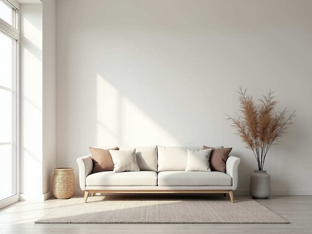 Ein minimalistisches Wohnzimmer mit weißen Wänden, einem schlichten Sofa und wenigen, sorgfältig ausgewählten Deko-Elementen.