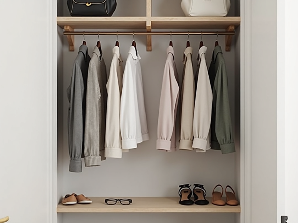 Ein aufgeräumter Kleiderschrank mit einer kleinen Auswahl an vielseitigen Kleidungsstücken in neutralen Farben.