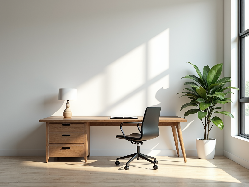 Ein schlankes minimalistisches Büro mit einem Holzschreibtisch, einem einzelnen Stuhl, großen Fenstern und einer grünen Pflanze in der Ecke.