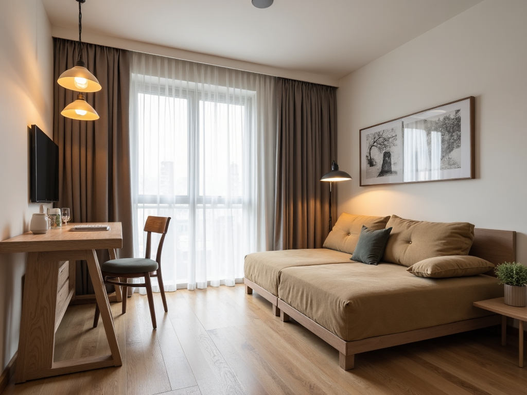 Eine kleine Wohnung mit multifunktionalen Möbeln wie einem Schlafsofa und einem klappbaren Esstisch.