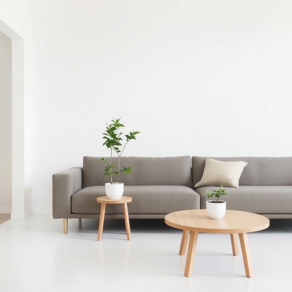 Ein minimalistisches Wohnzimmer mit einem schlichten Sofa, einem kleinen Holzcouchtisch und einer einzelnen grünen Pflanze in einem weißen Topf.