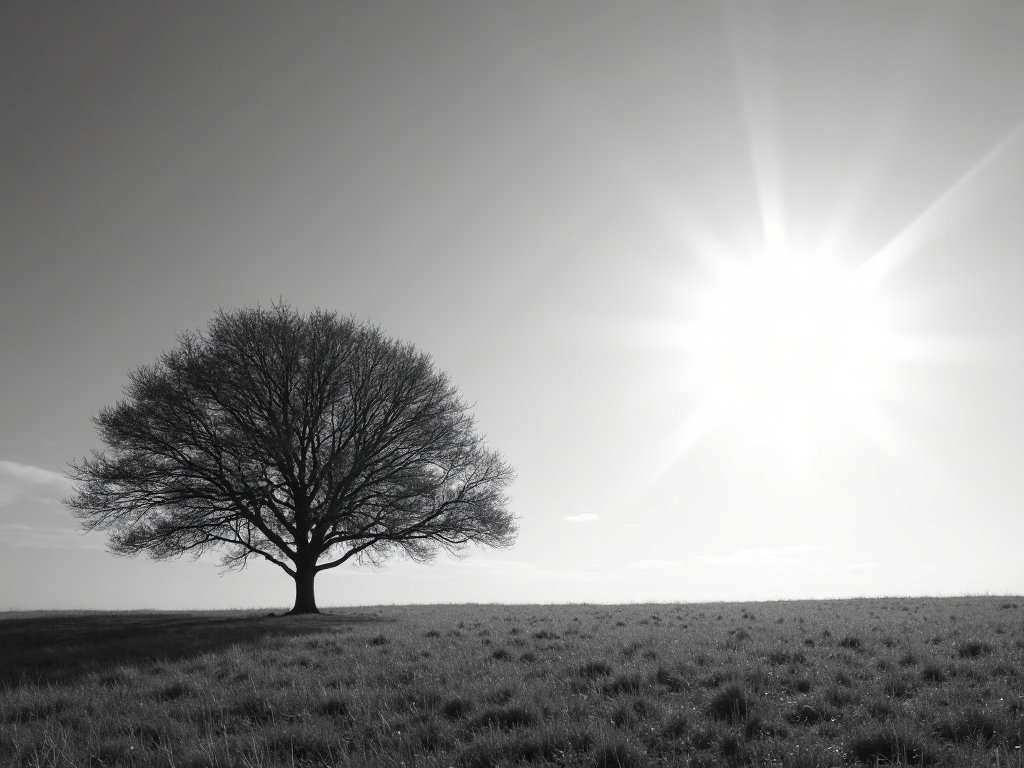 Minimalistische Schwarz-Weiß-Fotografie eines einsamen Baumes in einem weiten Feld mit langen Schatten