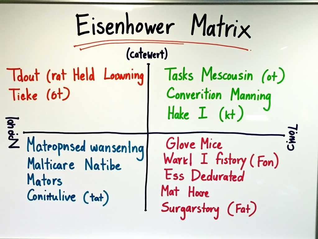 Ein buntes Eisenhower-Matrix-Diagramm auf einem Whiteboard, das Aufgaben in vier Quadranten einteilt.