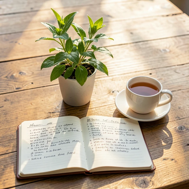 Minimalistischer Schreibtisch mit Notizbuch und Pflanze