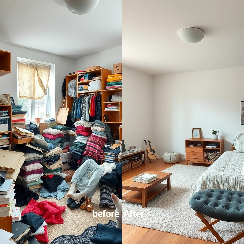 Vorher-Nachher-Vergleich: Links ein chaotisches, überfülltes Zimmer, rechts dasselbe Zimmer aufgeräumt und minimalistisch gestaltet