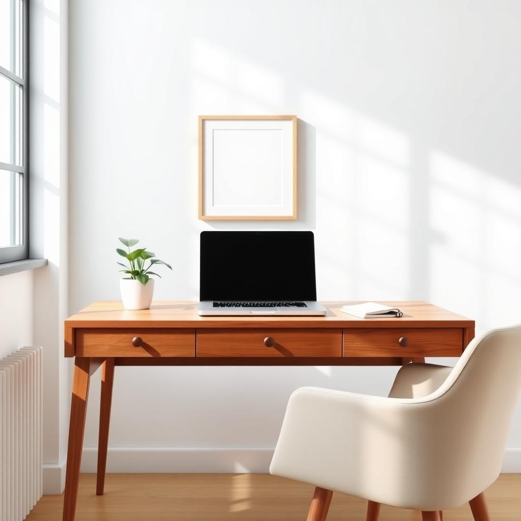 Ein minimalistischer Heimarbeitsplatz mit einem Holzschreibtisch, einem Laptop, einer kleinen Topfpflanze und einem Notizbuch vor einer weißen Wand mit einem gerahmten Kunstwerk.