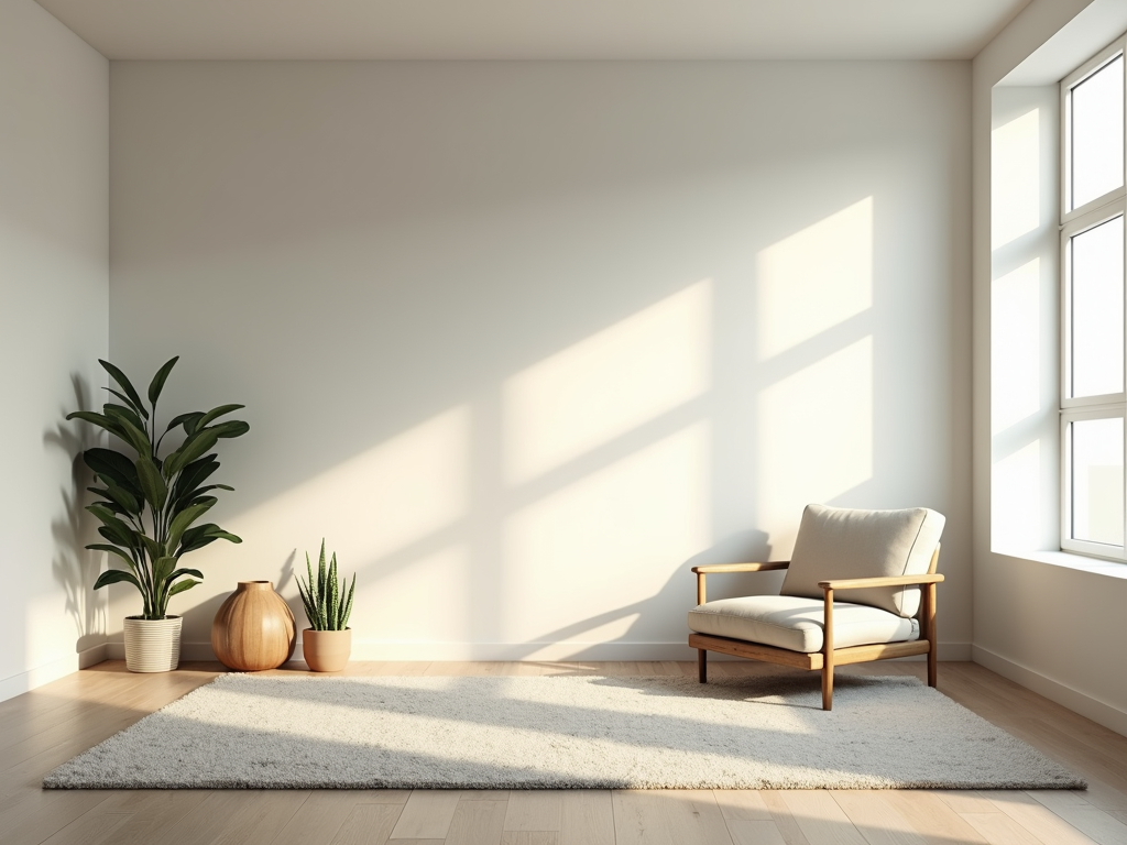Ein ruhiges, minimalistisches Wohnzimmer mit nur den wesentlichen Möbeln, das Einfachheit und Gelassenheit ausstrahlt.