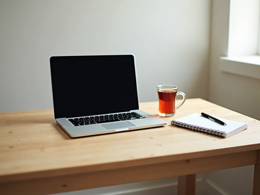 Ein minimalistischer Schreibtisch mit Laptop, Notizbuch und Tee, umgeben von Ruhe.