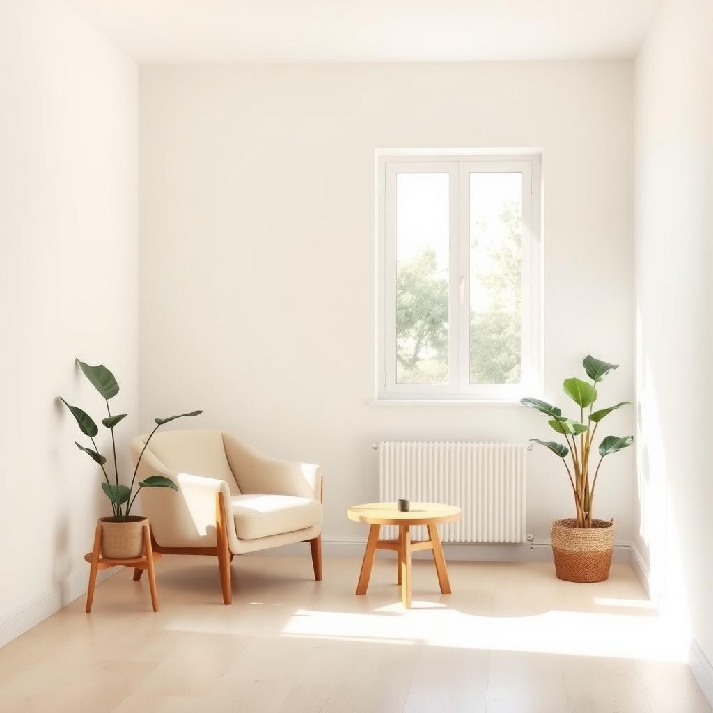 Ein minimalistisches Wohnzimmer mit einem gemütlichen Sessel, einem kleinen Holztisch und einer Topfpflanze in der Ecke, beleuchtet durch natürliches Licht.