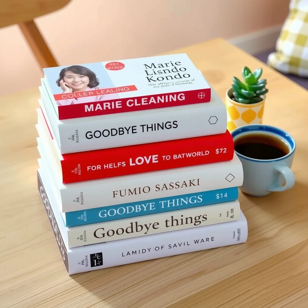 Stapel von Minimalismus-Büchern auf einem Holztisch mit Kaffeetasse