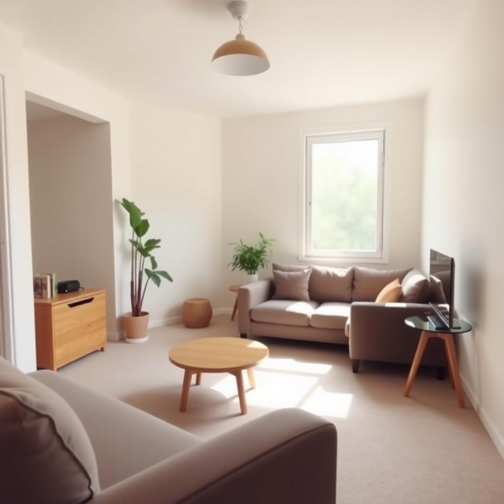 Ein minimalistisches Wohnzimmer mit einem bequemen Sofa, einem kleinen Holztisch und einer Topfpflanze, beleuchtet durch natürliches Licht.