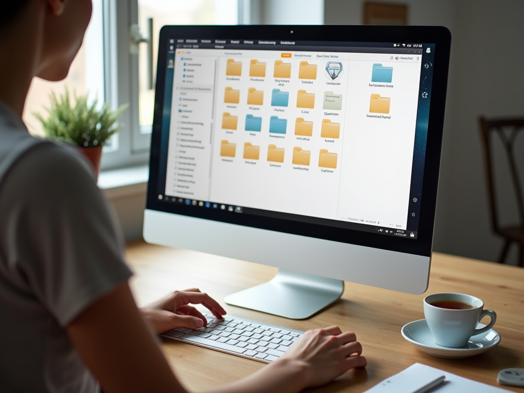 Eine Person organisiert Dateien auf dem Desktop in klar beschriftete Ordner, mit einer Tasse Tee daneben