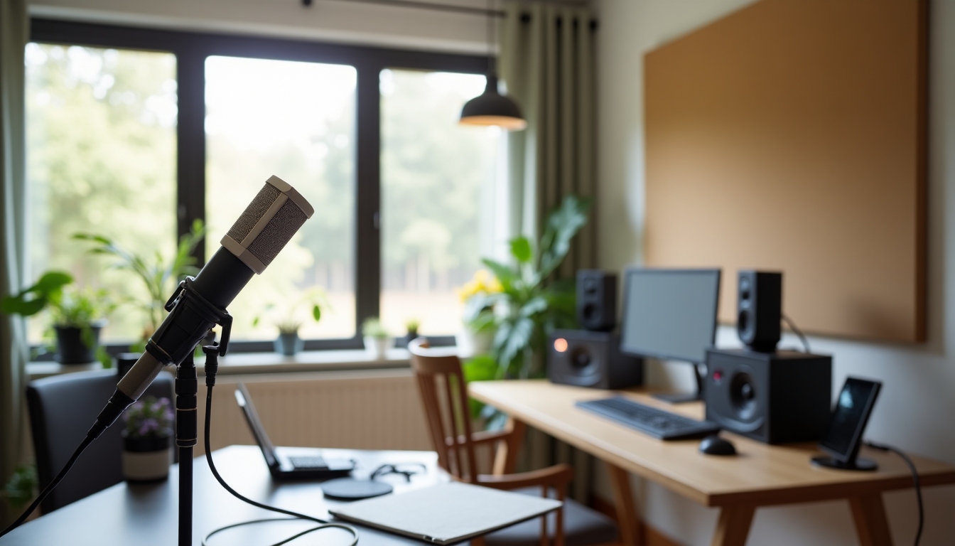 A cozy home studio with a simple two-mic setup, conveying the essence of minimalism in podcasts.