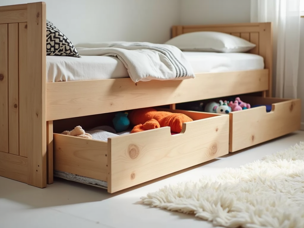 Multifunktionales Möbelstück für ein Kinderzimmer, das Platz spart und Stauraum bietet.