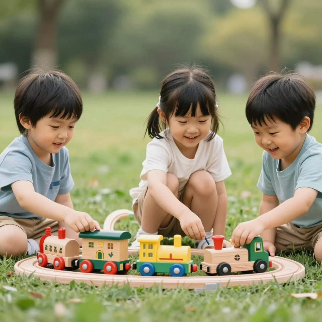 Kinder spielen mit nachhaltigem Spielzeug im Freien