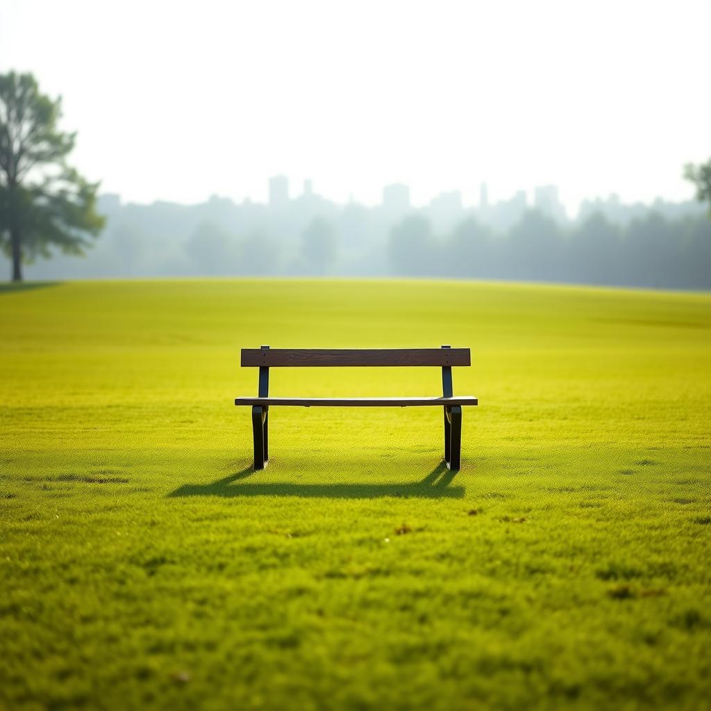 Einfache Holzbank in einem leeren Park, umgeben von grünem Rasen, beleuchtet von weichem Morgenlicht mit sanften Schatten.