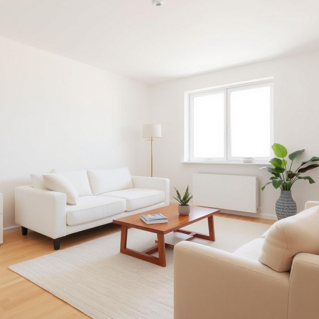Ein minimalistisches Wohnzimmer mit einem weißen Sofa, einem kleinen Holztisch und einem großen Fenster, das natürliches Licht hereinlässt.
