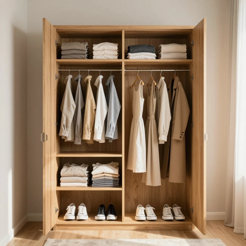 Minimalistischer Kleiderschrank mit wenigen, sorgfältig arrangierten Kleidungsstücken