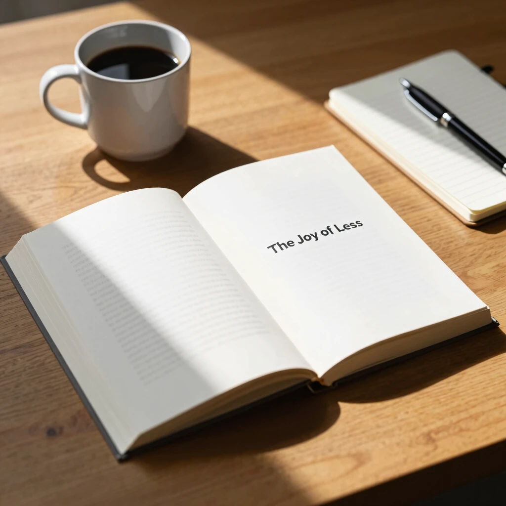 Ein offenes Buch über Minimalismus auf einem Tisch mit Kaffeetasse