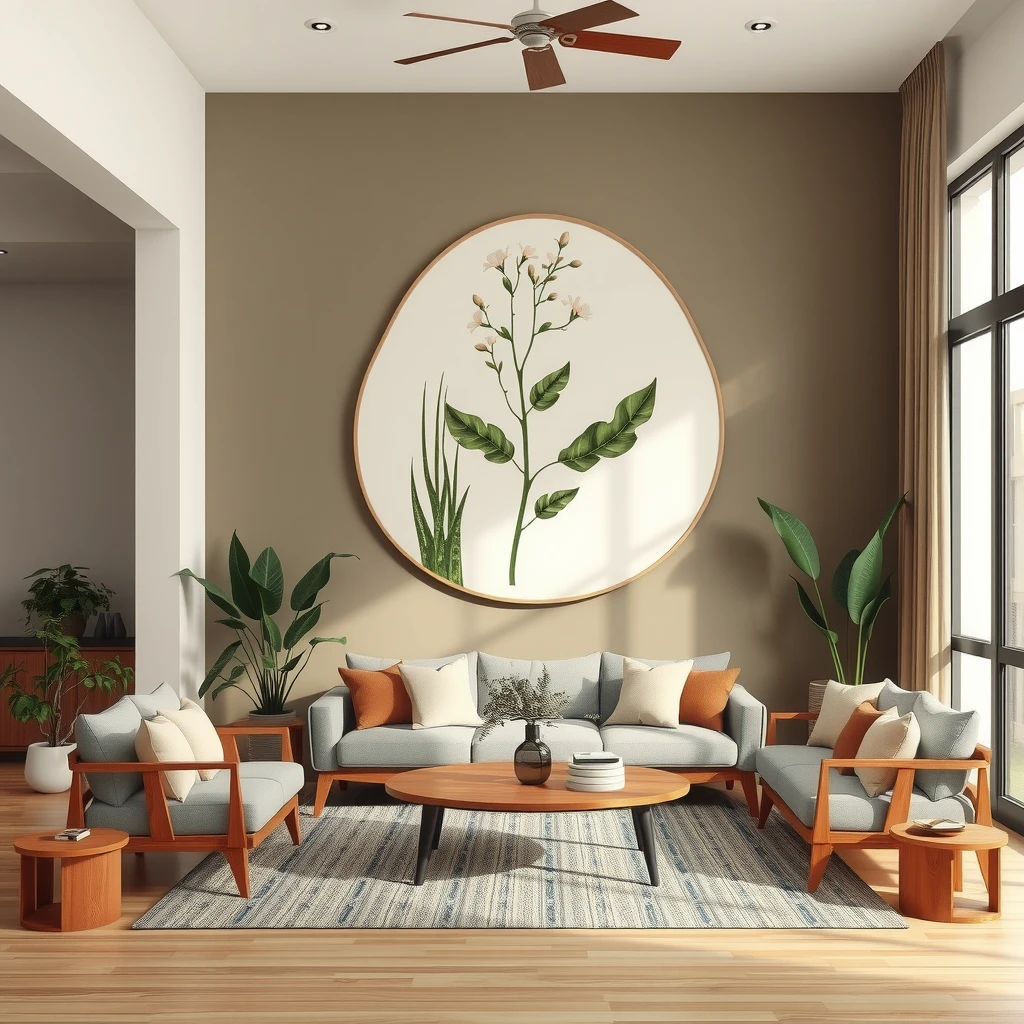 Modernes Wohnzimmer mit biophilem Design: Große organische Wandkunst, viel Grünpflanzen und natürliche Erdtöne