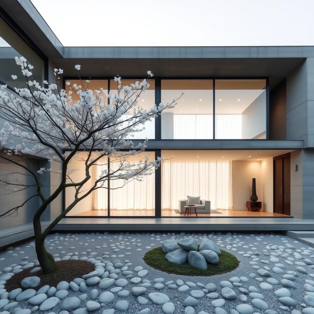 Ein minimalistisches japanisches Haus mit klarer Betonfassade, großen Fenstern und einem Zen-Garten.