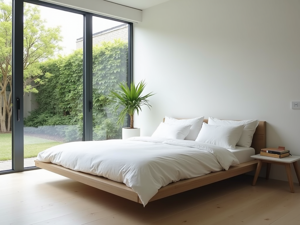 Minimalistisches Schlafzimmer mit einem niedrigen Plattformbett und weißen Bettwäsche