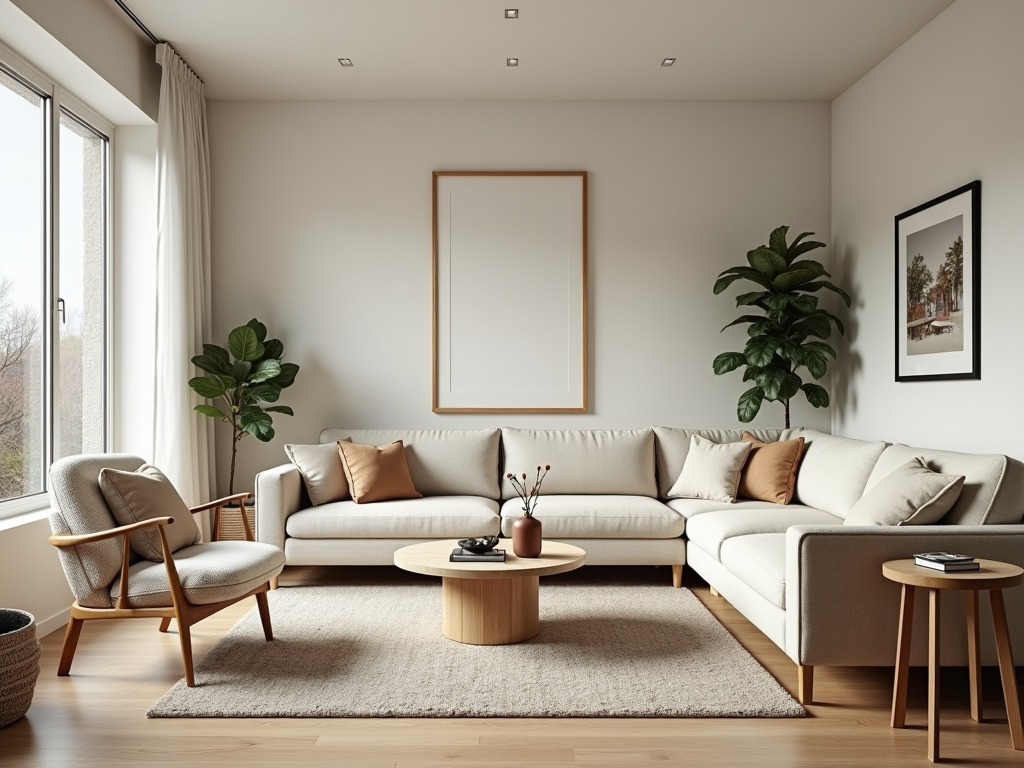 Ein minimalistisches Wohnzimmer mit wenig Möbeln und natürlichem Licht