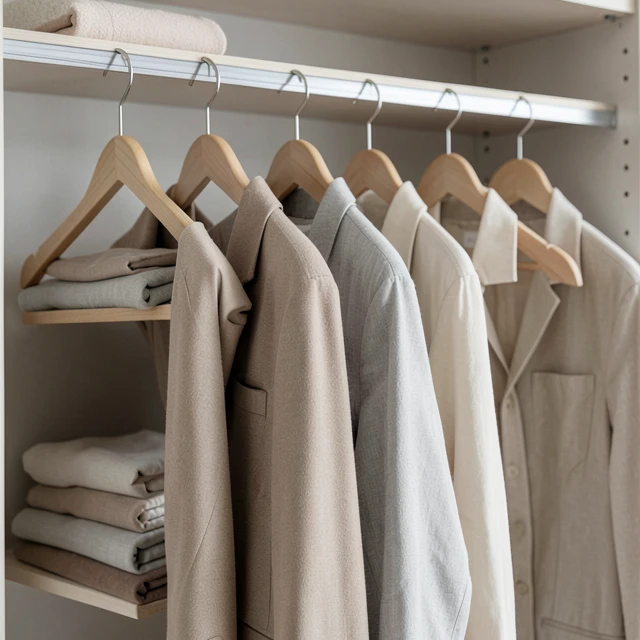 Ordentlicher minimalistischer Kleiderschrank mit wenigen ausgewählten Kleidungsstücken