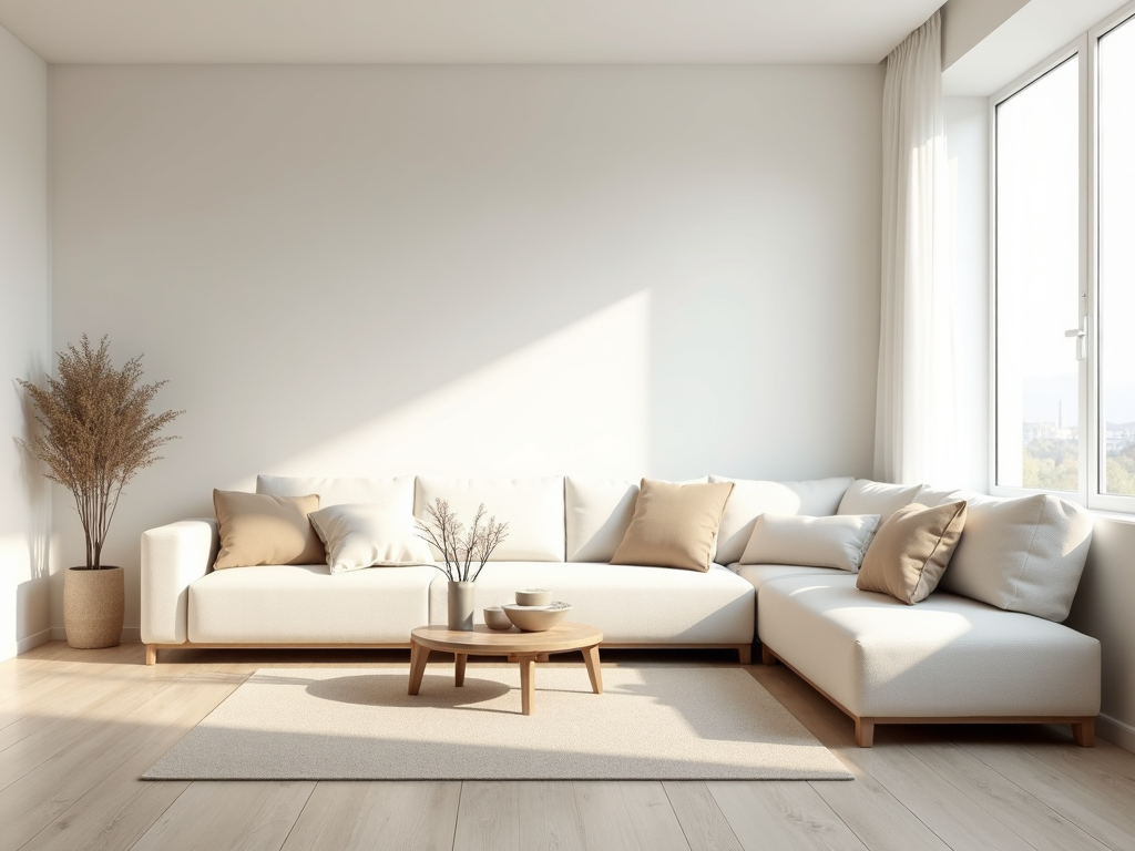 Ein ruhiger minimalistischer Wohnraum mit essenziellen Möbeln und natürlichem Licht.