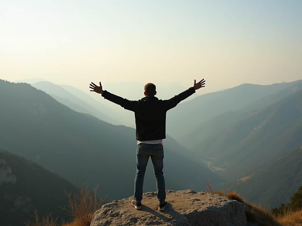Eine Person steht auf einem Berggipfel, die Arme ausgebreitet, und blickt auf eine weite Landschaft.