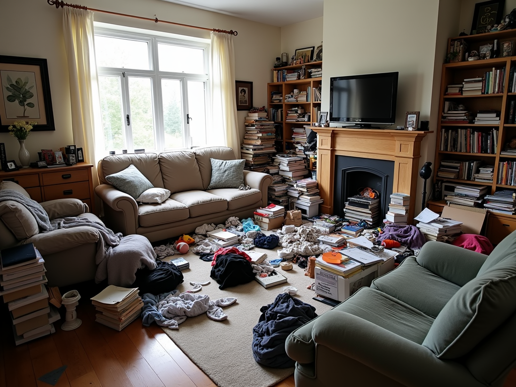 Ein unaufgeräumtes Wohnzimmer vor dem Entrümpeln