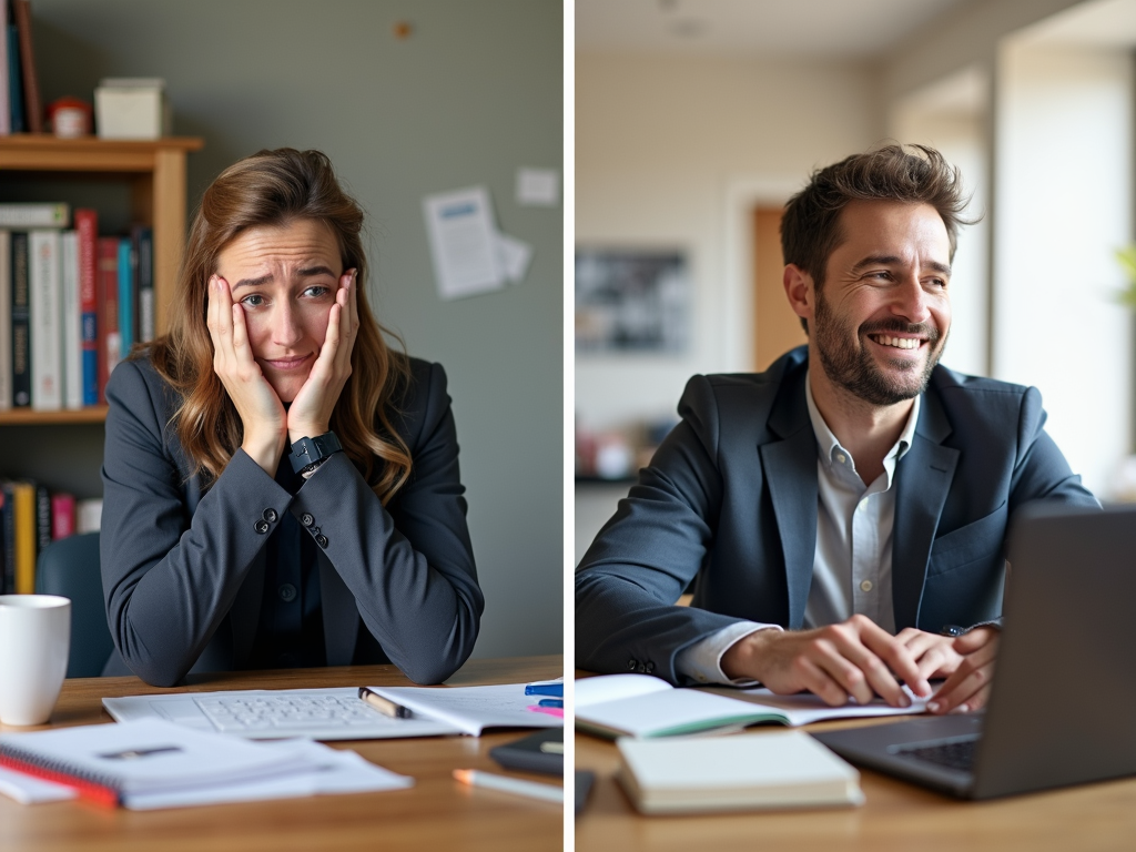 Person an unordentlichem vs. aufgeräumtem Schreibtisch