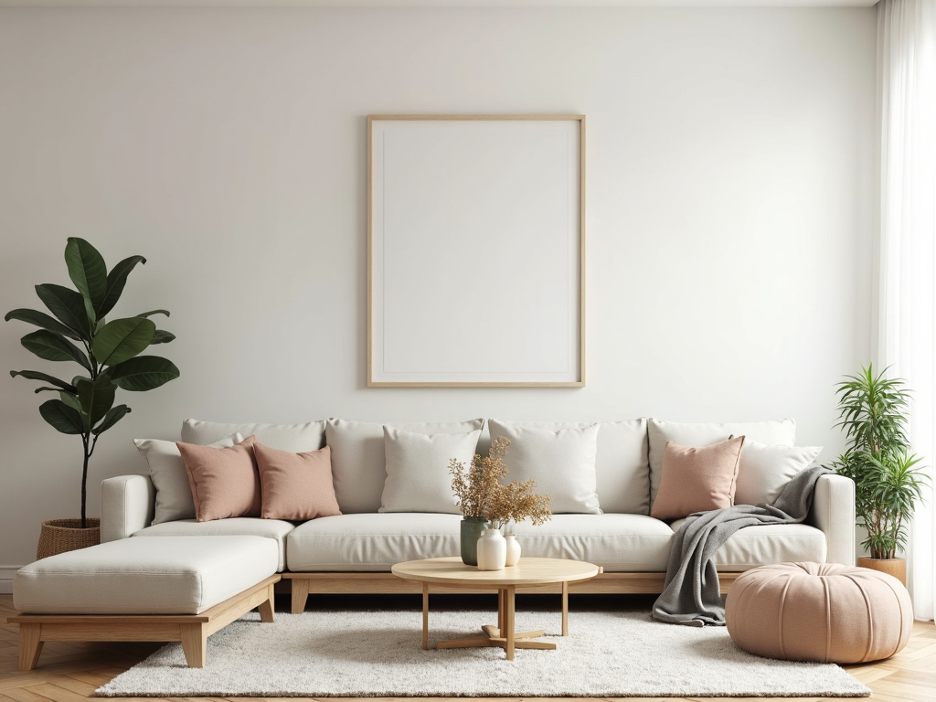 Ein minimalistisches Wohnzimmer mit wenig Möbeln und Dekoration.