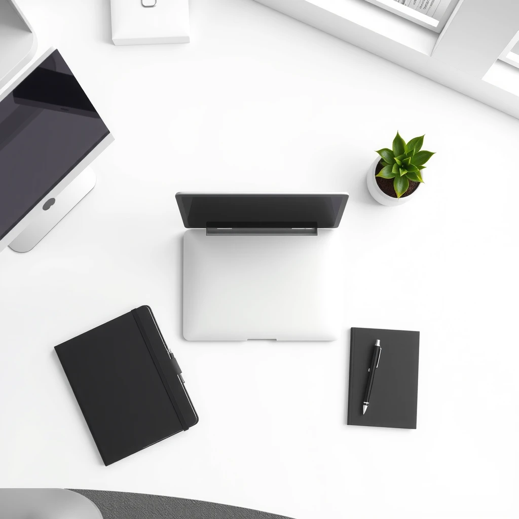 Ein aufgeräumter minimalistischer Schreibtisch mit Laptop, Notizbuch und einer Pflanze
