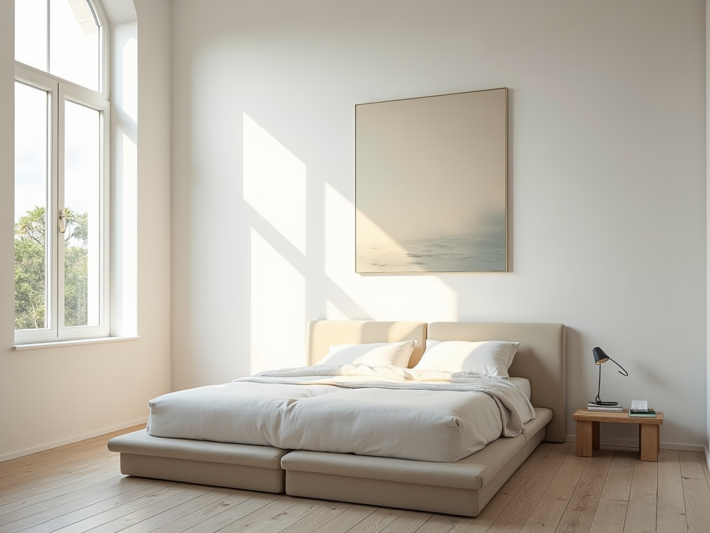 Ein minimalistisches Schlafzimmer mit großem Fenster.