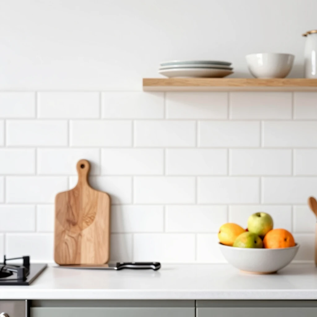 Ordentliche minimalistische Küchenarbeitsplatte mit frischen Früchten