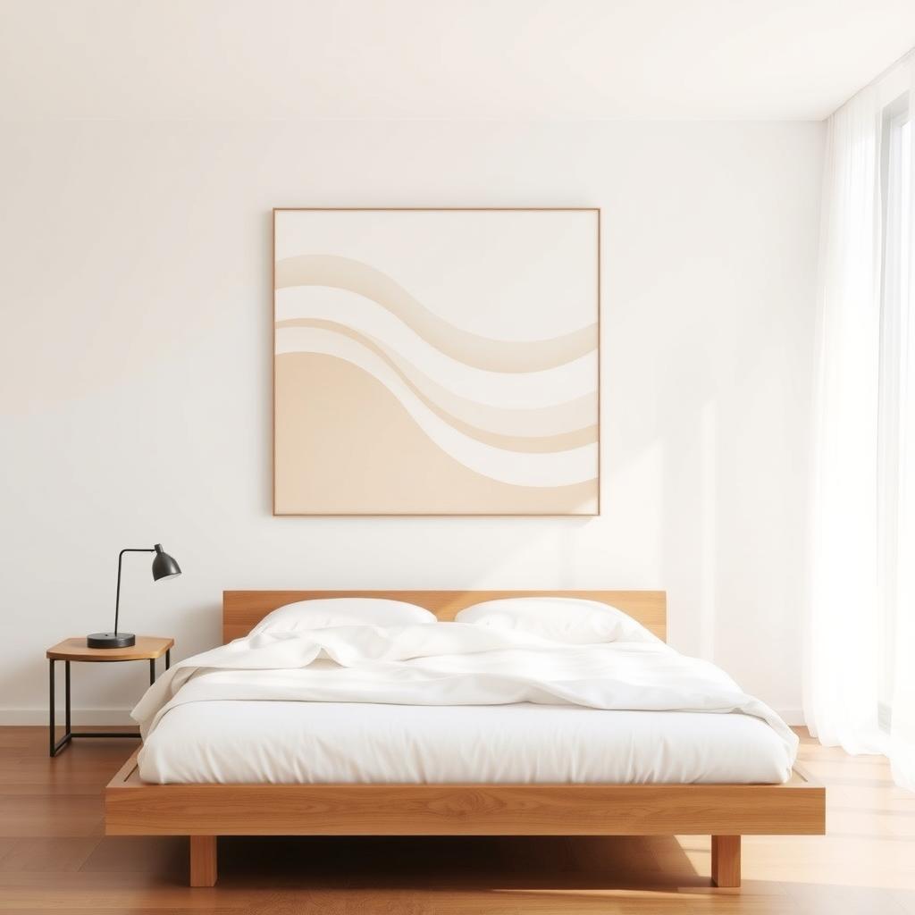 Ein minimalistisches Schlafzimmer mit niedrigem Holzbett, weißer Bettwäsche und einem großen abstrakten Wandbild in Beige und Weiß.