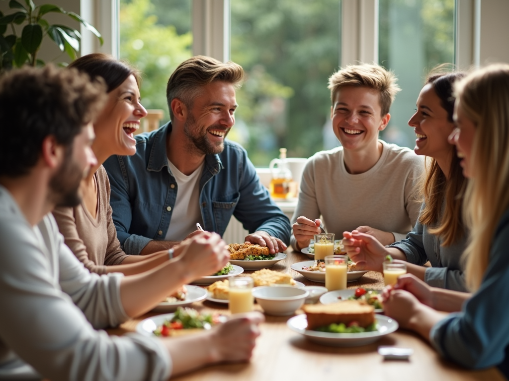 Gruppe von Menschen beim gemeinsamen Essen und Lachen