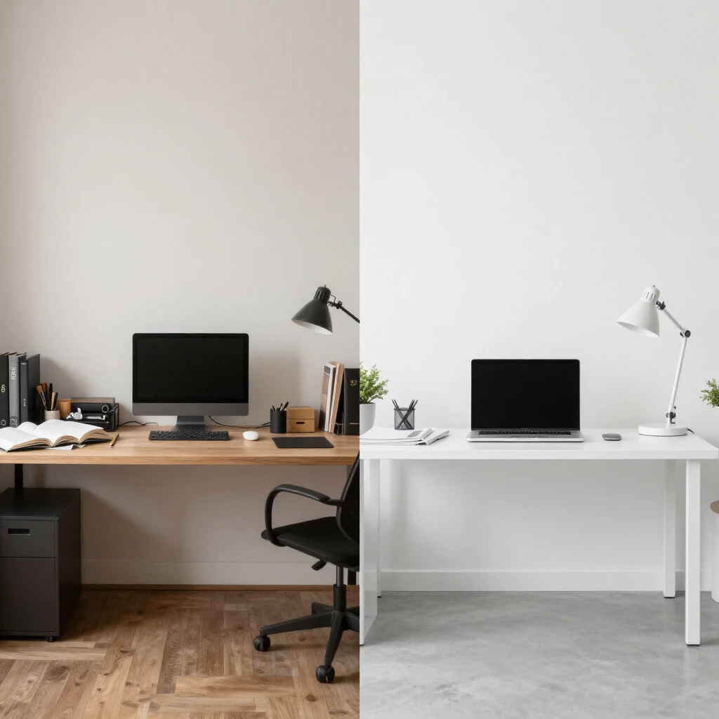 Vorher-Nachher-Vergleich: Chaotischer vs. minimalistischer Schreibtisch
