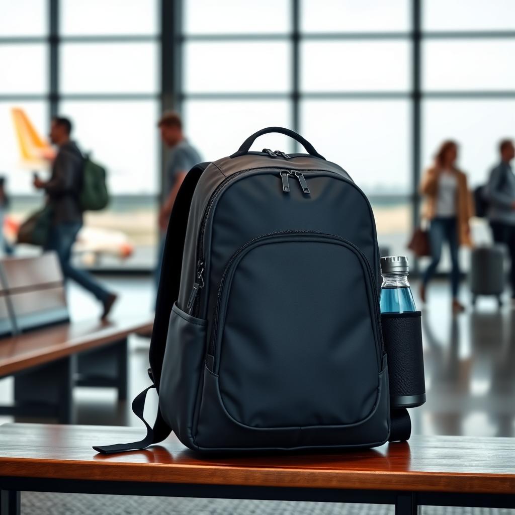 Ein kompakter, dunkelgrauer Handgepäckrucksack steht auf einer Holzbank in einem Flughafenterminal, mit einem Flugzeug im Hintergrund.