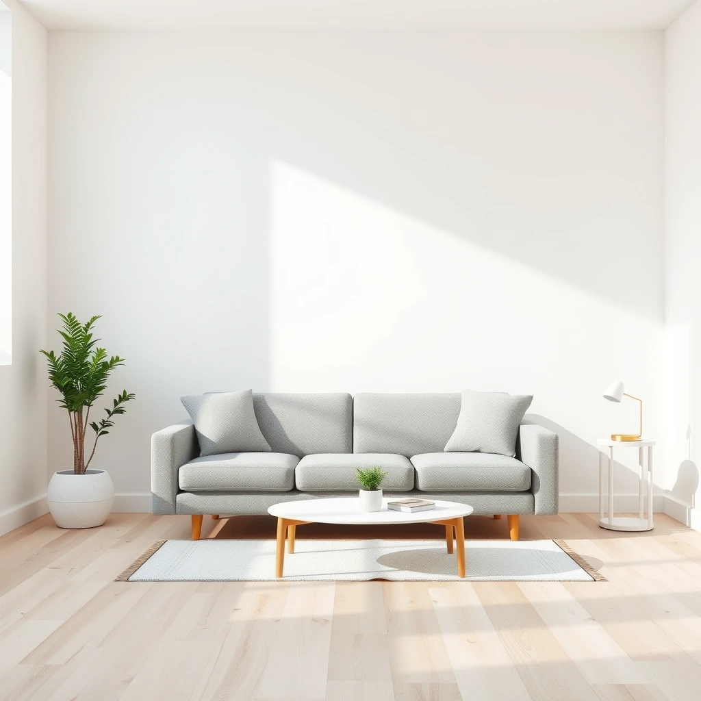 Minimalistisches Wohnzimmer mit weißen Wänden, Holzboden, grauem Sofa und einer grünen Pflanze – viel freier Raum für Ruhe und Klarheit