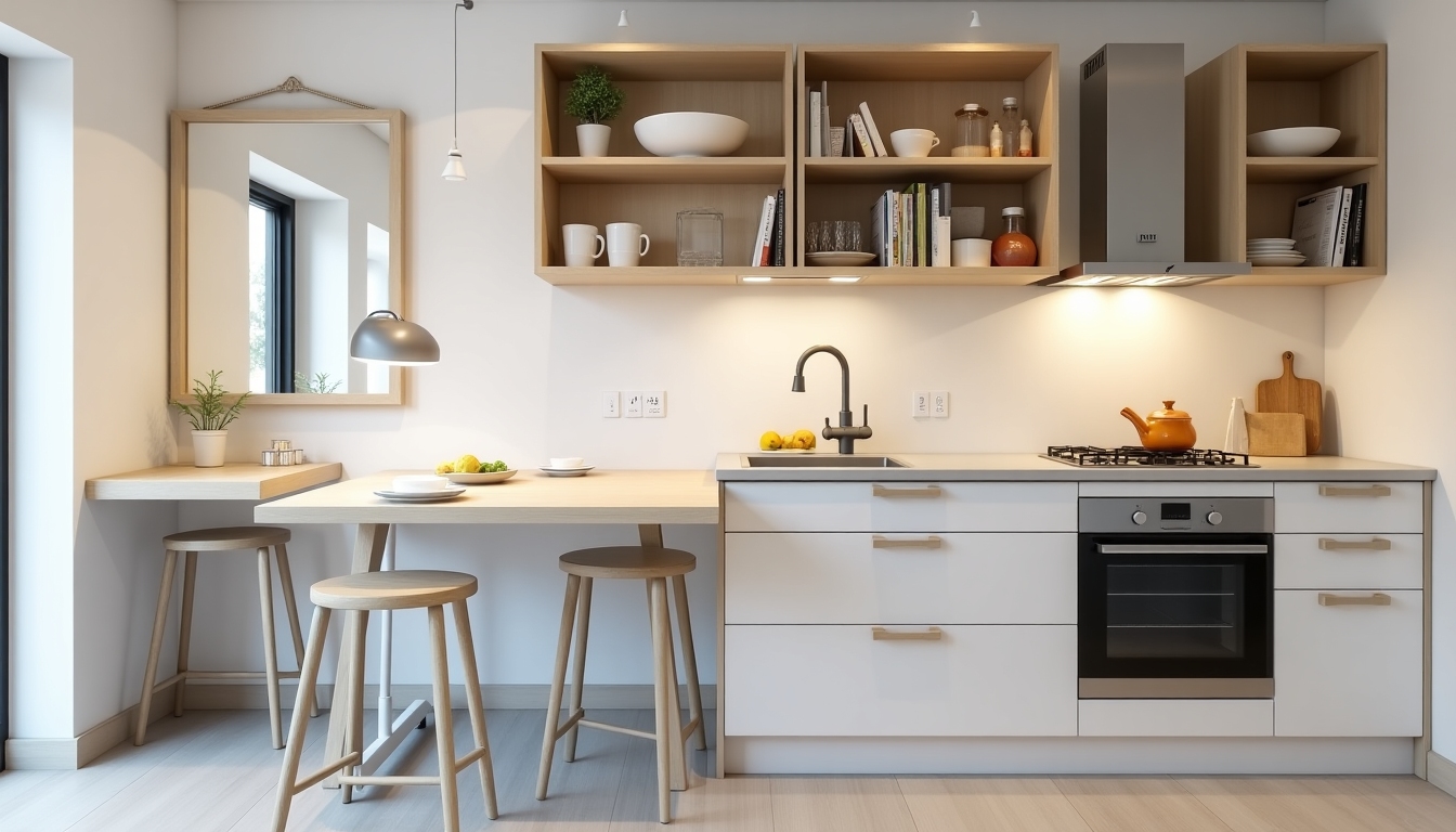 Kompakte Küche mit an der Wand befestigtem klappbarem Esstisch, ausziehbaren Vorratsregalen und multifunktionalen Kücheninseln.