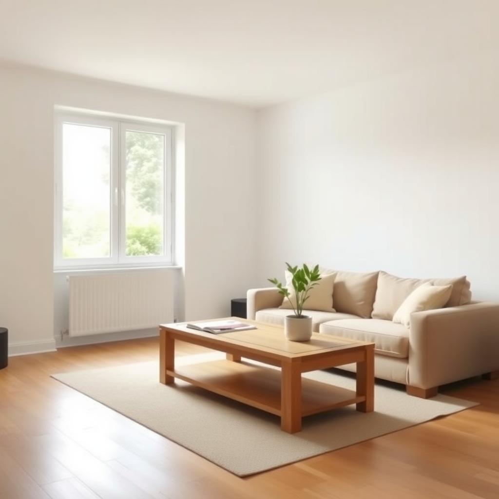 Minimalistisches Wohnzimmer mit neutralen Farben, einem Holztisch, einer Pflanze und einem beigen Sofa, erhellt durch natürliches Licht.